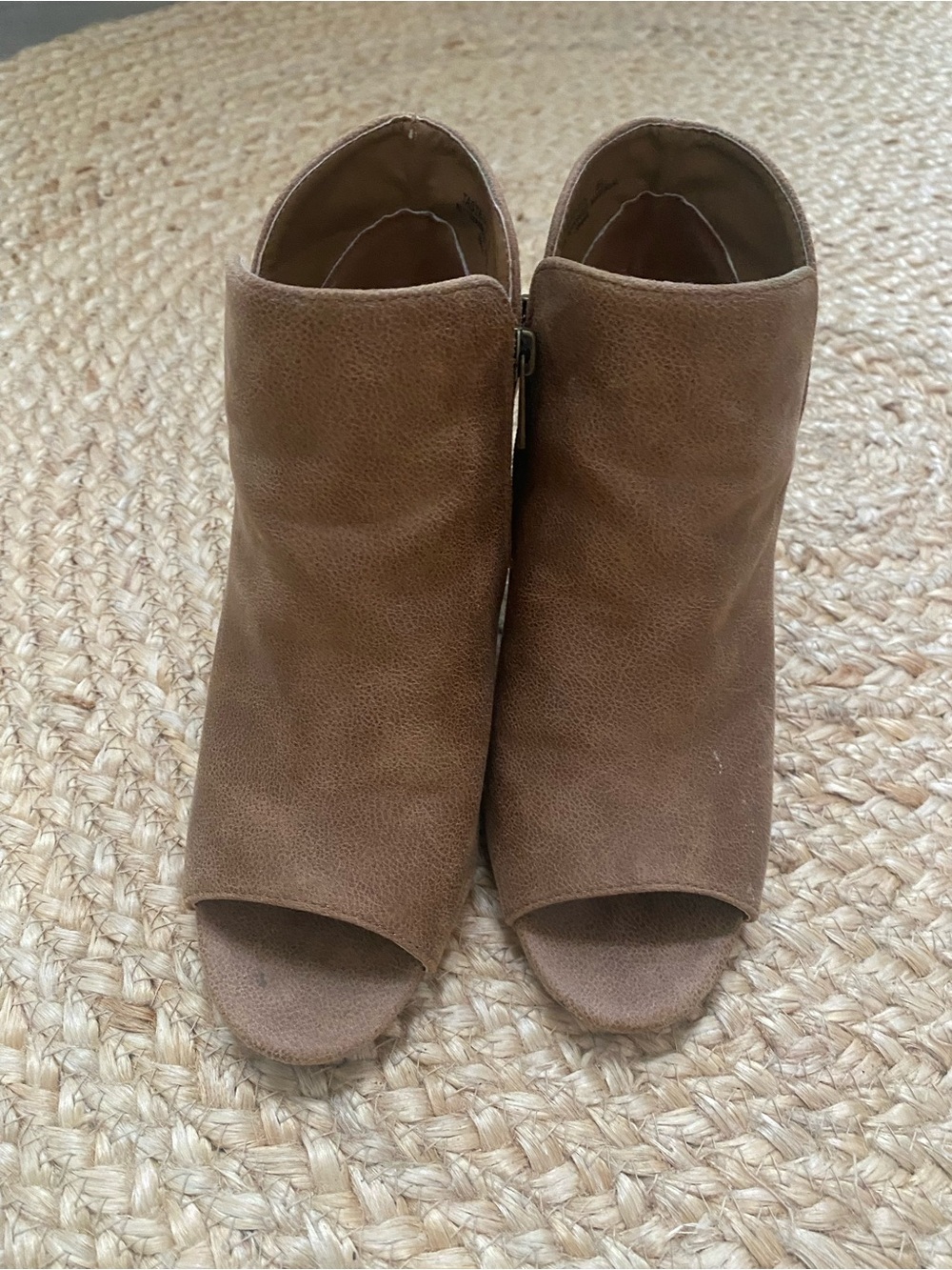 BAMBOO Tan Suede Open-Toe Ankle Booties